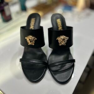 Versace Black Heels with Gold Medusa Emblem